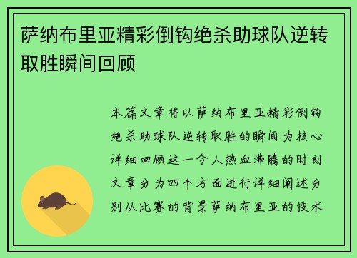 萨纳布里亚精彩倒钩绝杀助球队逆转取胜瞬间回顾 萨纳布里亚精彩倒钩绝杀助球队逆转取胜瞬间回顾